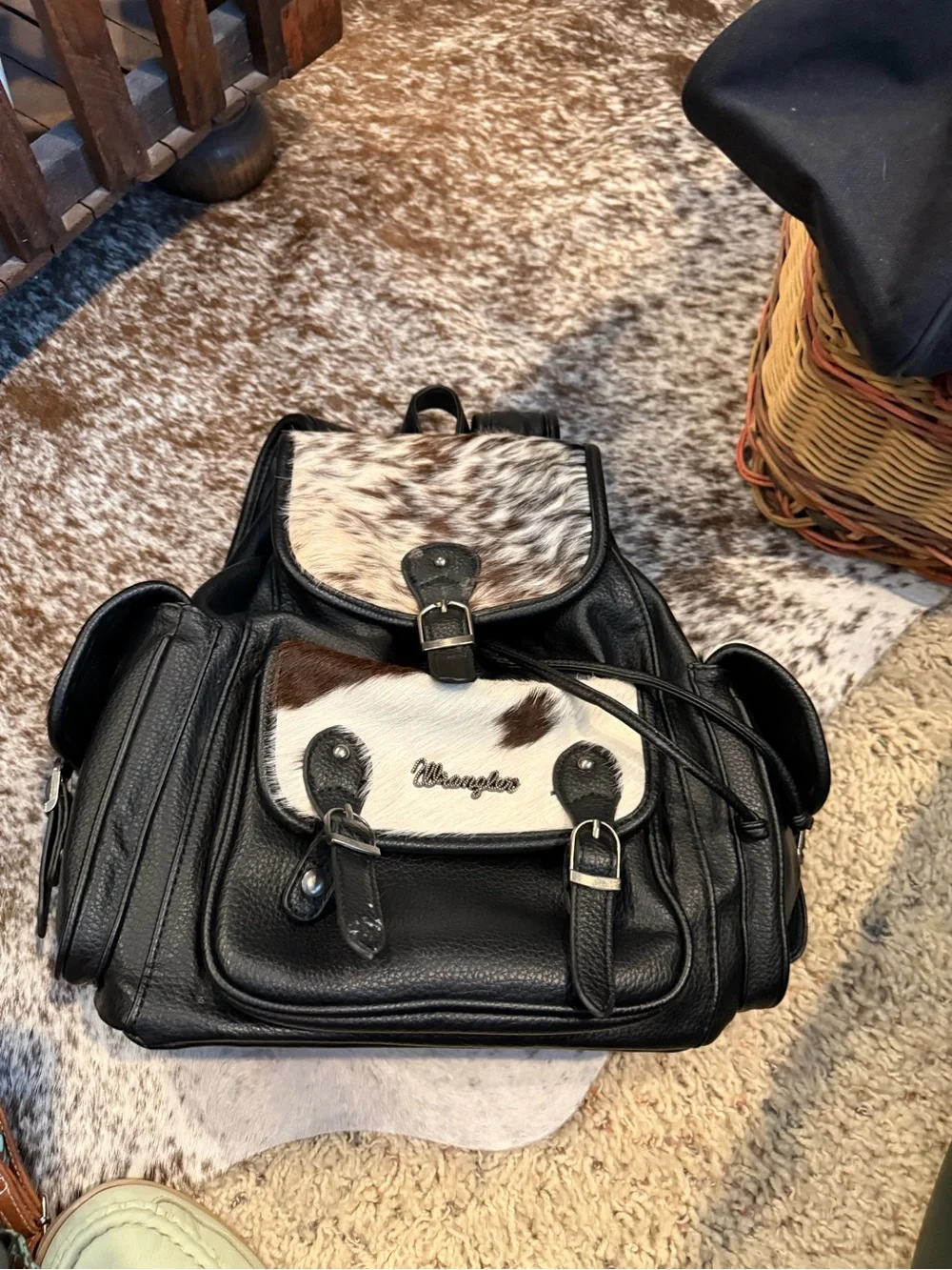 Wrangler Black Leather Backpack with Cowhide Accents